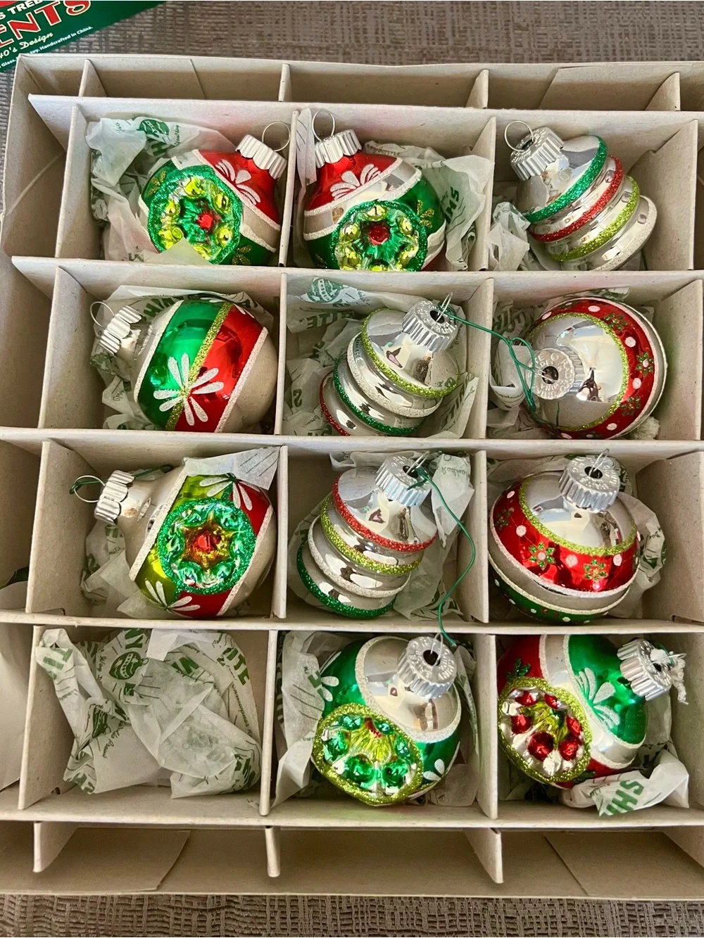 Christopher Radko Red and Green Vintage design ornaments. Lot of 4 boxes